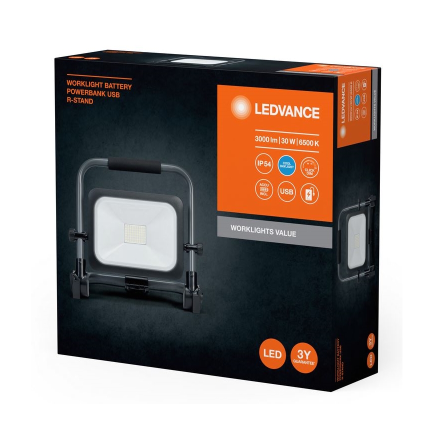 Ledvance - LED Himmennettävä ulko rechargeable valonheitin WORKLIGHT BATTERY LED/30W/5V IP54