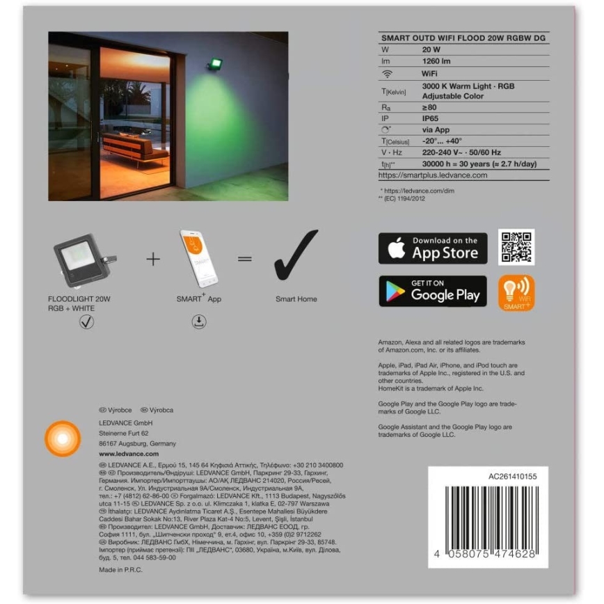 Ledvance - LED RGBW Valonheitin SMART+ FLOOD LED/20W/230V IP65 Wi-Fi