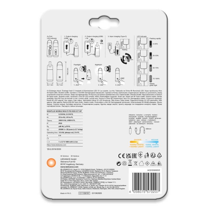 Ledvance - LED-virtapankki taskulampputoiminnolla MOBILE LED/0,5W/5V 1800mAh 2xUSB