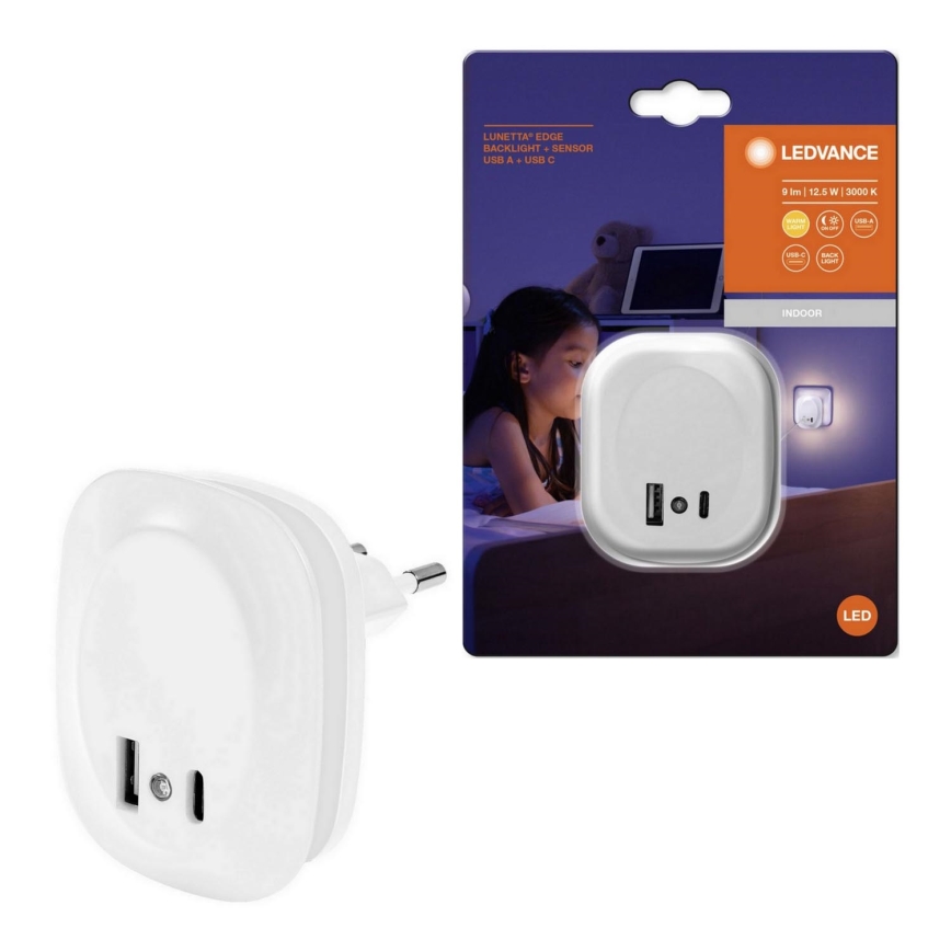 Ledvance - LED-yövalo anturilla ja USB LUNETTA LED/12,5W/230V 3000K valkoinen