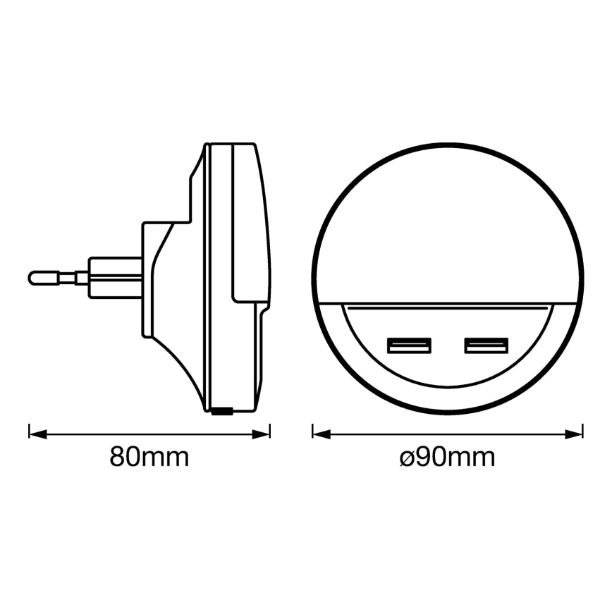 Ledvance - LED-yövalo pistorasiaan anturilla LUNETTA 2xUSB LED / 13W / 230V