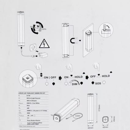 Ledvance - LINEAR LED himmennettävä opastevalaisin LED/6,9W/5V 2200 mAh IP54