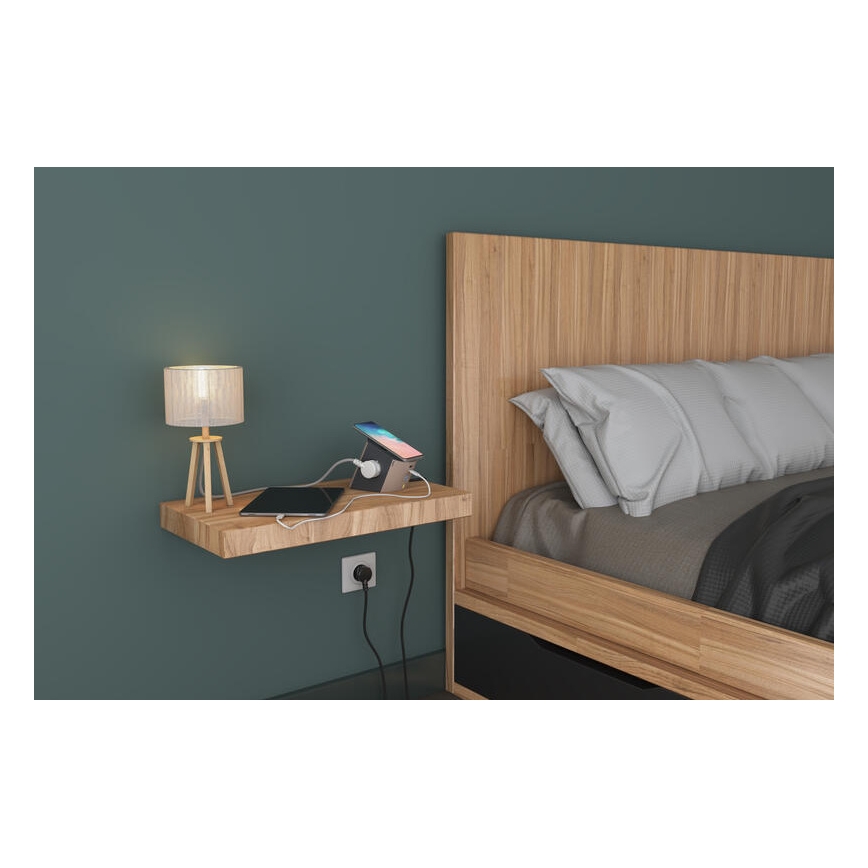 Legrand 049402 - Pistorasianjakaja katkaisimella 2Z Tyyppi E + USB-A + USB-C ja langaton lataus 10W 2m ruskea