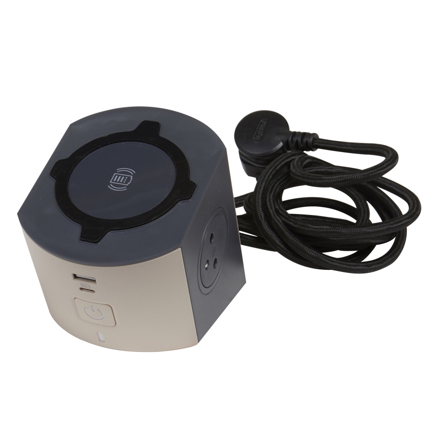Legrand 049402 - Pistorasianjakaja katkaisimella 2Z Tyyppi E + USB-A + USB-C ja langaton lataus 10W 2m ruskea
