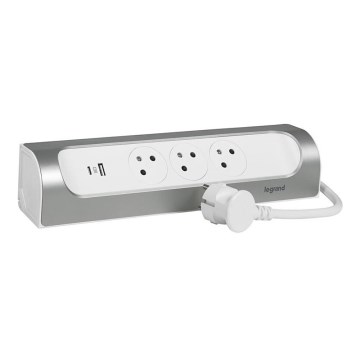 Legrand 049406 - Jatkojohto 3Z Tyyppi E + USB-A + USB-C 1m hopea/valkoinen