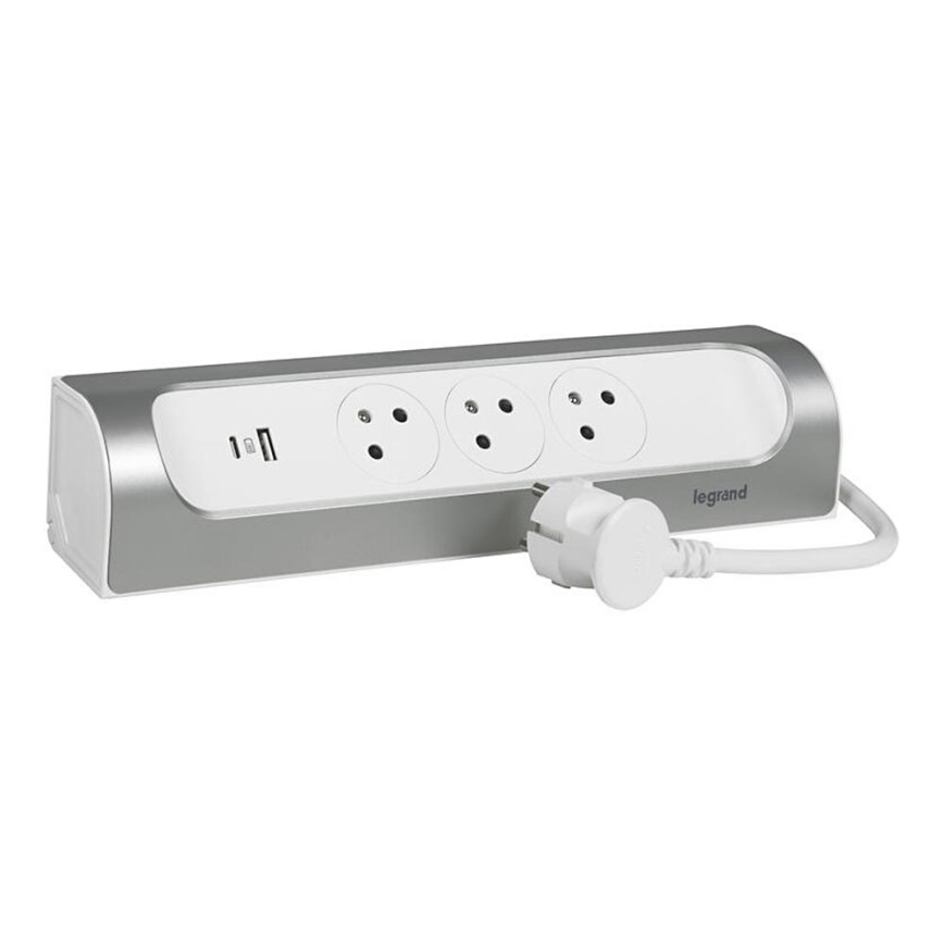 Legrand 049406 - Jatkojohto 3Z Tyyppi E + USB-A + USB-C 1m hopea/valkoinen