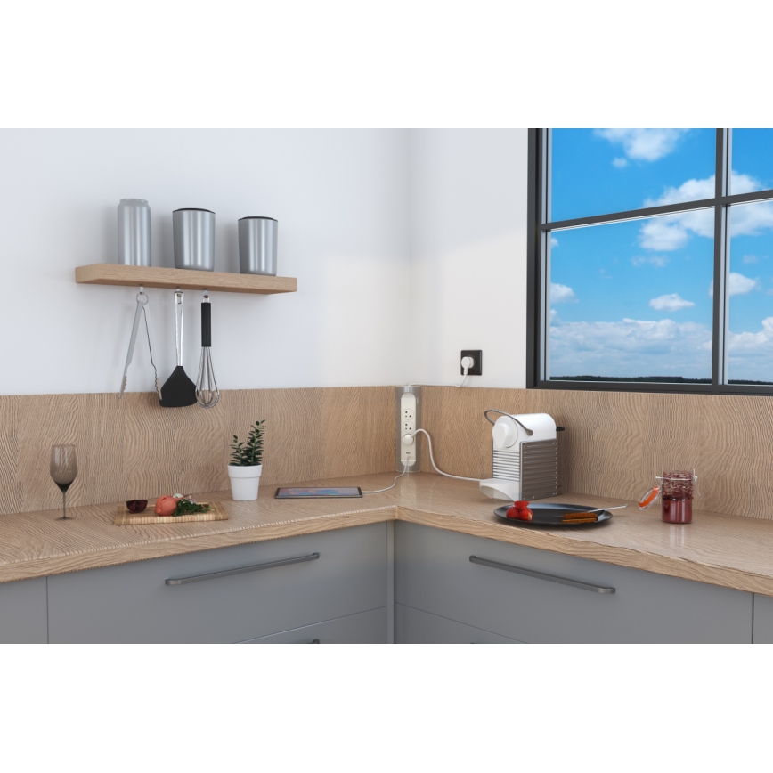 Legrand 049406 - Jatkojohto 3Z Tyyppi E + USB-A + USB-C 1m hopea/valkoinen