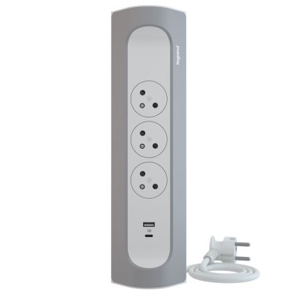 Legrand 049406 - Jatkojohto 3Z Tyyppi E + USB-A + USB-C 1m hopea/valkoinen