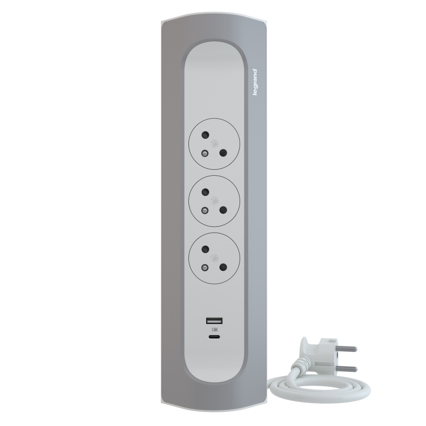 Legrand 049406 - Jatkojohto 3Z Tyyppi E + USB-A + USB-C 1m hopea/valkoinen