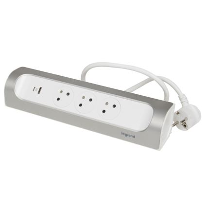 Legrand 049406 - Jatkojohto 3Z Tyyppi E + USB-A + USB-C 1m hopea/valkoinen