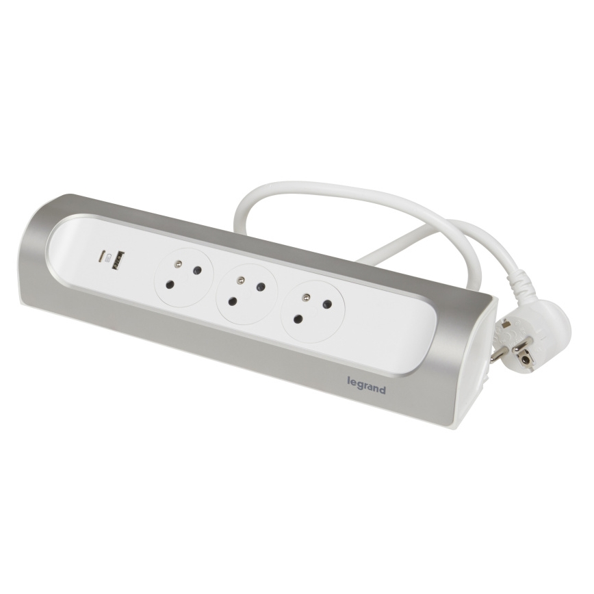 Legrand 049406 - Jatkojohto 3Z Tyyppi E + USB-A + USB-C 1m hopea/valkoinen