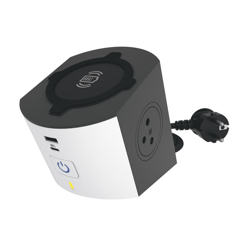 Legrand 049412 - Pistorasianjakaja katkaisimella 2Z Tyyppi E + USB-A + USB-C ja langaton lataus 10W 2m valkoinen