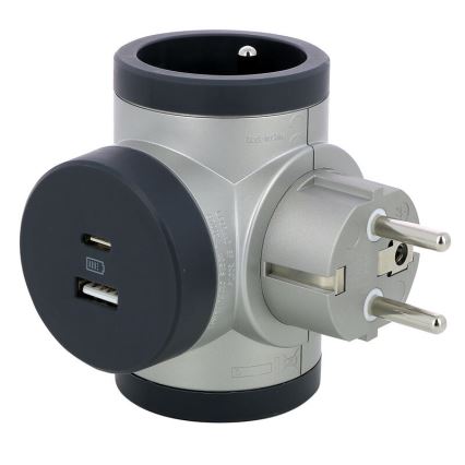 Legrand 049439 - Pistokkeen jakaja pyörivä 2Z Tyyppi E, F + USB-A + USB-C hopea/musta