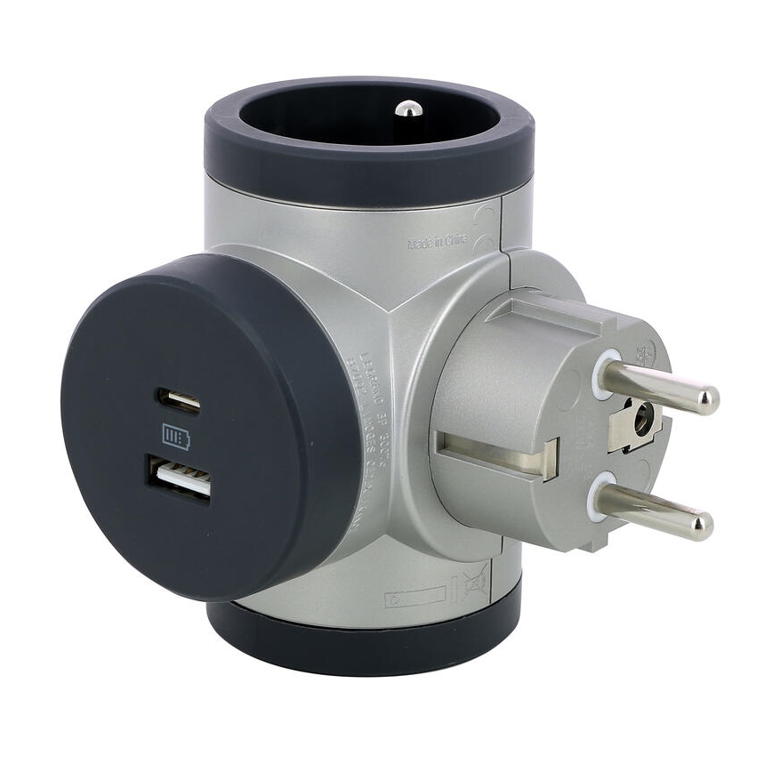 Legrand 049439 - Pistokkeen jakaja pyörivä 2Z Tyyppi E, F + USB-A + USB-C hopea/musta