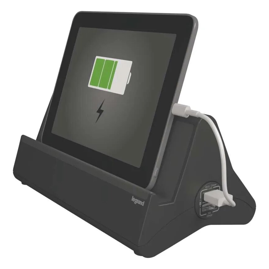 Legrand 050411 - Jatkokaapeli kytkimellä ja tabletin jalustalla 3Z Tyyppi E + 2 x USB-A 1,5m musta