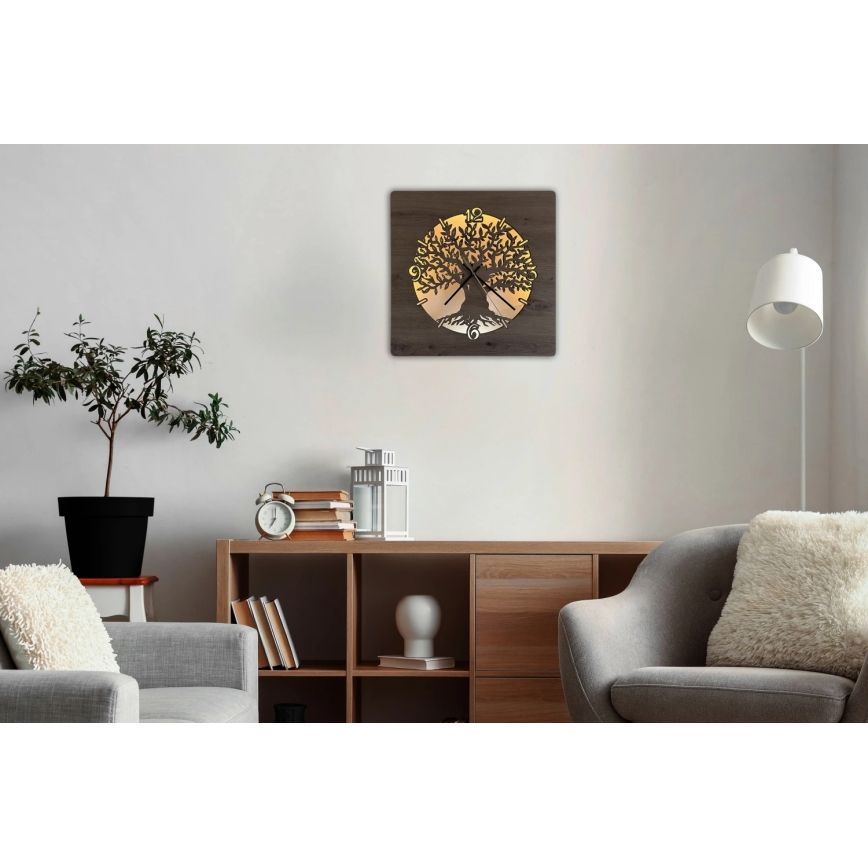 Li-Go 23537/DUB2 - Himennettävä LED-seinäkello LED/10W/5V 20000 mAh 42x42 cm tammi/oliivipuu, pyöreä + kauko-ohjain