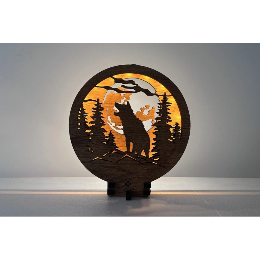 Li-Go 23574/DUB2 - LED-himennettävä pöytäkoriste LED/12W/230V 20x22 cm tammi/Susi ja kuu