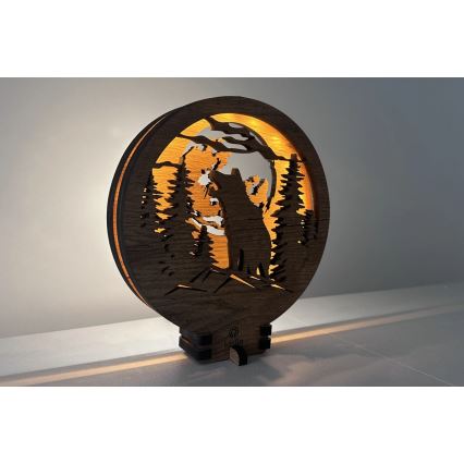 Li-Go 23574/DUB2 - LED-himennettävä pöytäkoriste LED/12W/230V 20x22 cm tammi/Susi ja kuu