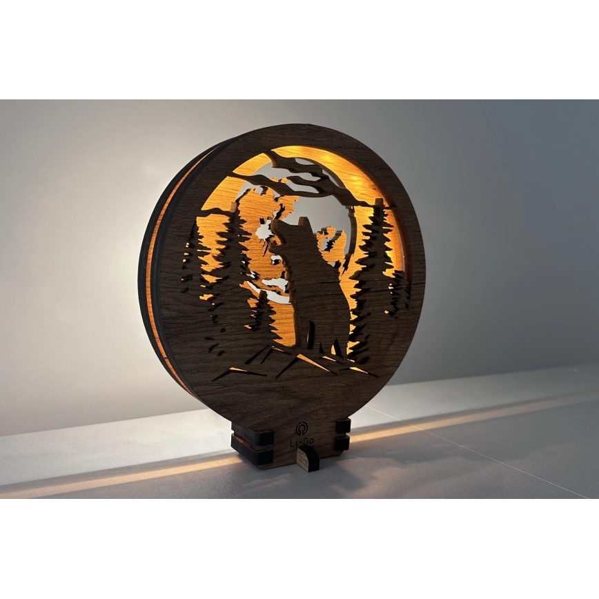 Li-Go 23574/DUB2 - LED-himennettävä pöytäkoriste LED/12W/230V 20x22 cm tammi/Susi ja kuu