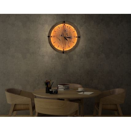 Li-Go 23688/DUB2 - LED-himmennettävä seinäkello liiketunnistimella LED/5V 20000 mAh + 1xAA halkaisija 32 cm tammi/voikukka