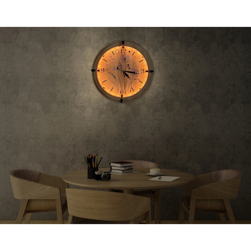 Li-Go 23688/DUB2 - LED-himmennettävä seinäkello liiketunnistimella LED/5V 20000 mAh + 1xAA halkaisija 32 cm tammi/voikukka