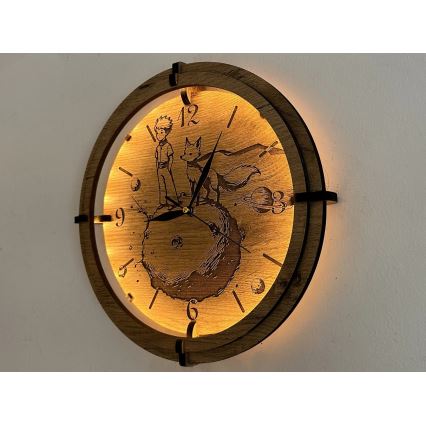 Li-Go 23712/DUB/BAT2 - Himmennettävä LED-kello liiketunnistimella LED/10W/5V 20000 mAh + 1xAA halkaisija 32 cm tammi/Pikku prinssi