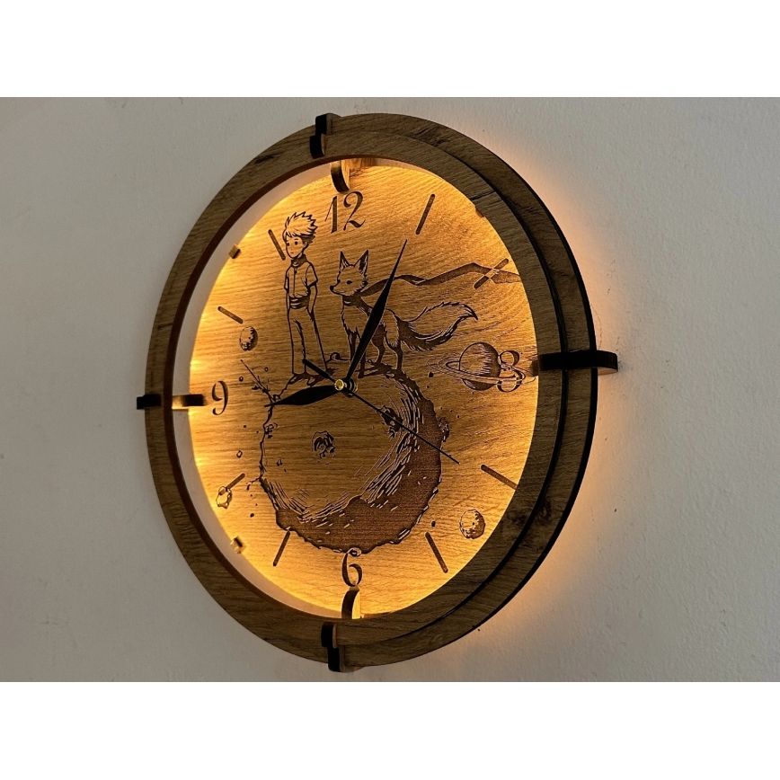 Li-Go 23712/DUB/BAT2 - Himmennettävä LED-kello liiketunnistimella LED/10W/5V 20000 mAh + 1xAA halkaisija 32 cm tammi/Pikku prinssi