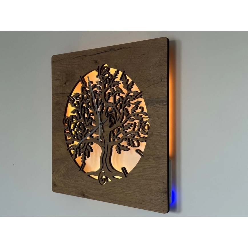 Li-Go 5652/DUB2 - LED himmennettävä kello LED/10W/5V 20000 mAh 42x42 cm tammi/Tammi ympyrässä + kaukosäädin