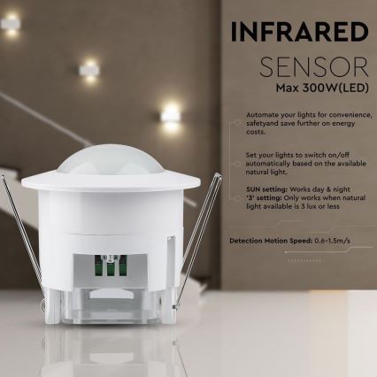 Liiketunnistin upotettu PIR 360° 300W/230V valkoinen