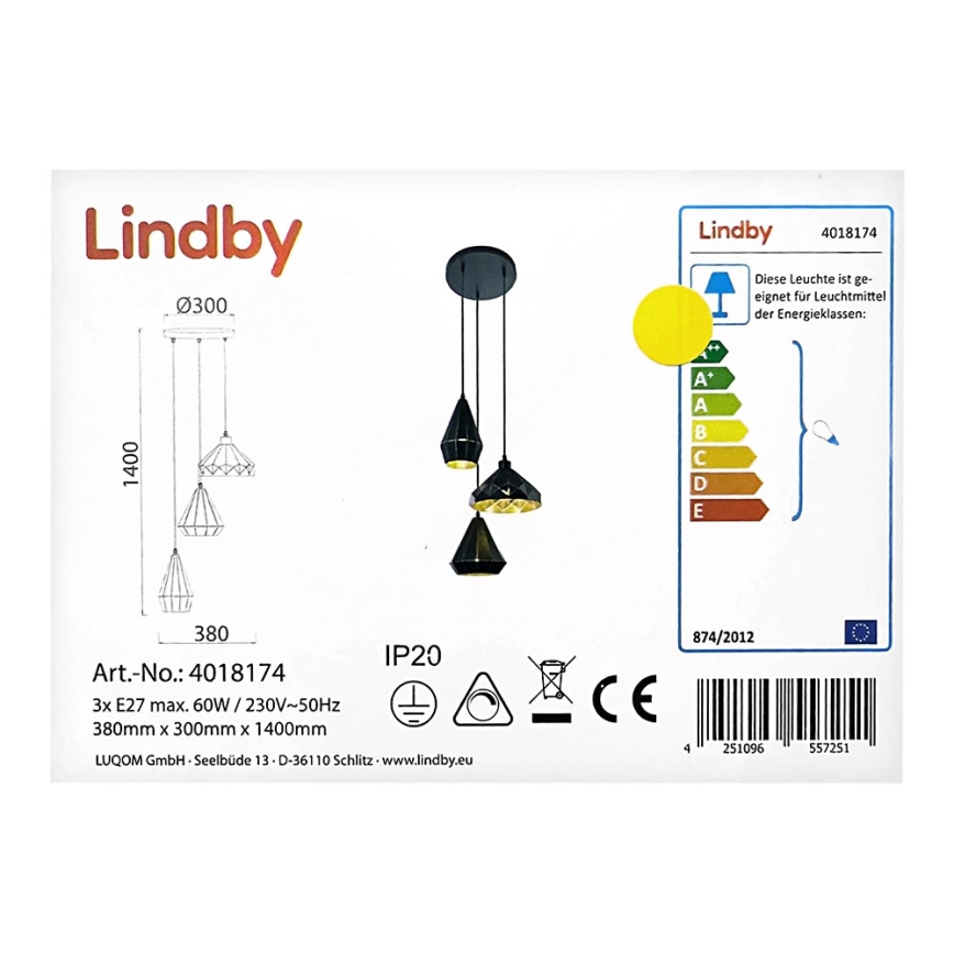 Lindby - Kattokruunu johdossa 3xE27/60W/230V