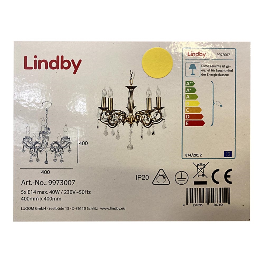 Lindby - Kattokruunu ketjussa KORA 5xE14/40W/230V