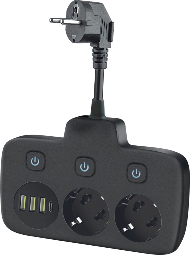 LINEA jatkopistorasia kytkimellä 2x230V + 4xUSB A/C SCHUKO musta