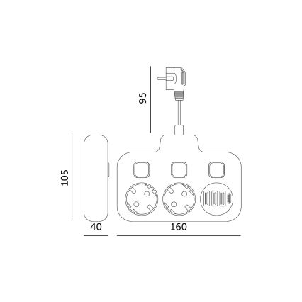 LINEA jatkopistorasia kytkimellä 2x230V + 4xUSB A/C SCHUKO musta