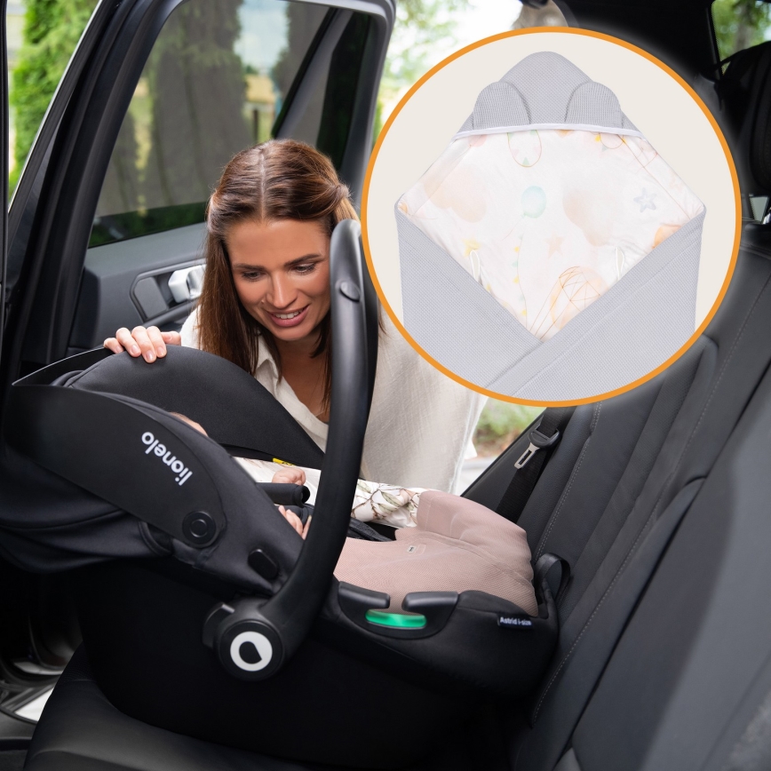 Lionelo - Kapalo turvaistuimeen TRAVEL SWADDLE 90x90 cm Harmaa Ilmapallo