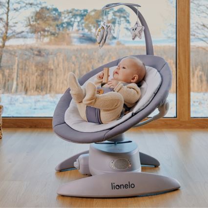 Lionelo - Melodialla varustettu lasten keinu MELL Grey Stone 4xAA + kaukosäädin