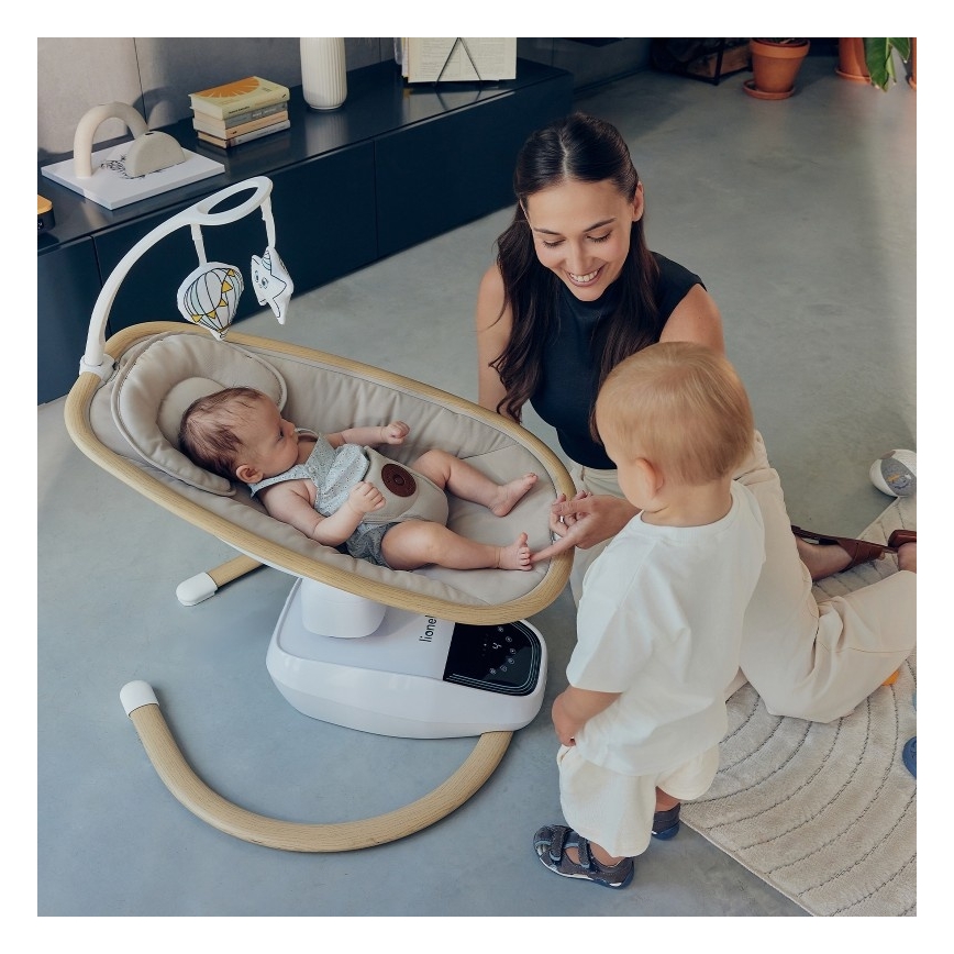 Lionelo - Vauvakeinu melodialla OLIVIA Beige Natural + kaukosäädin