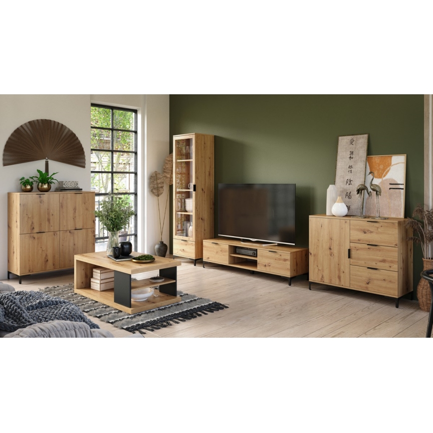 LORA-sohvapöytä hyllyllä ja säilytystilalla, artisan-tammi/musta