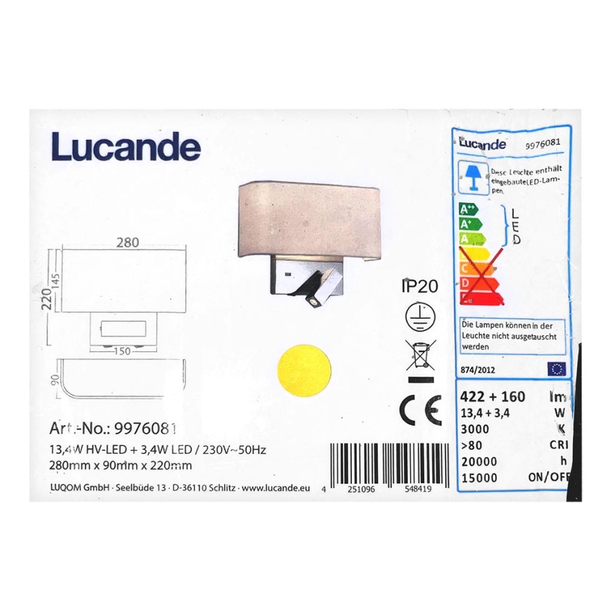 Lucande - LED-seinävalaisin VIRVE 1XLED/13,4W/230V + 1xLED/3,4W/230V