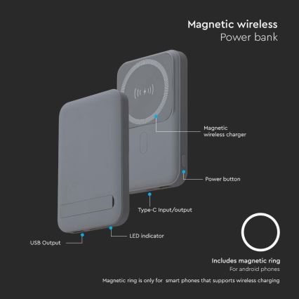 Magneettinen virtapankki langattomalla latauksella Power Delivery 10 000mAh/20W/3,7V harmaa