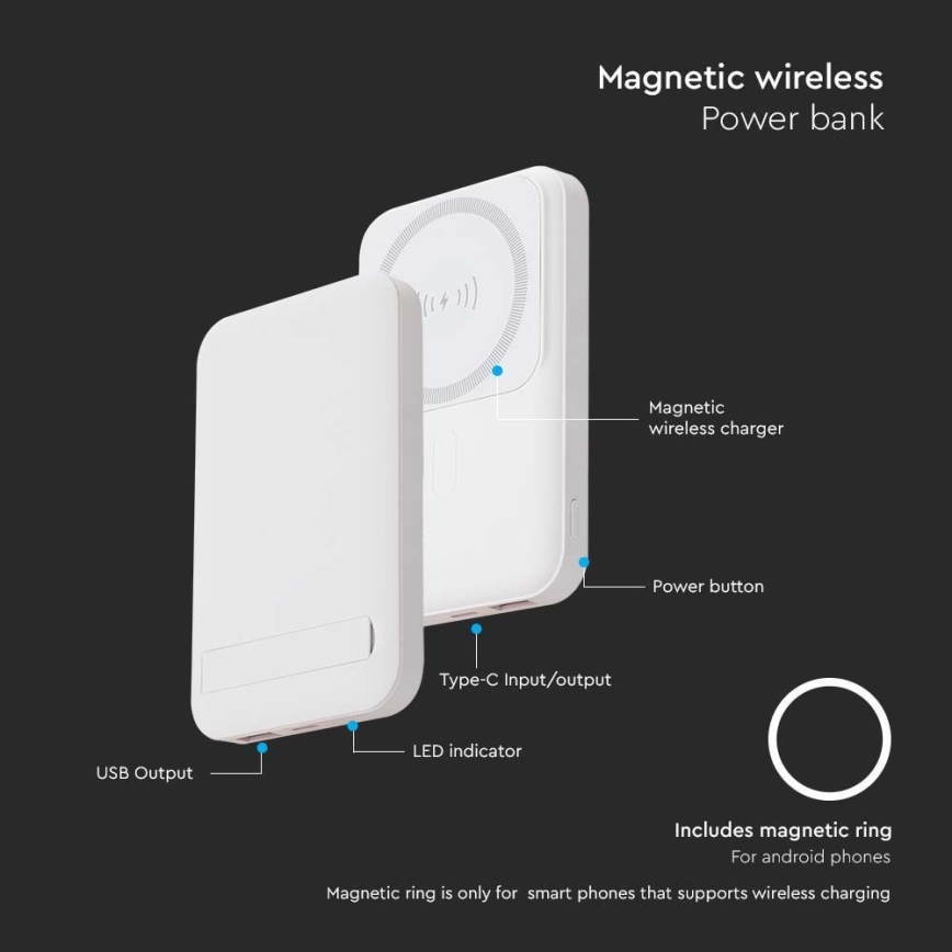 Magneettinen virtapankki langattomalla latauksella Power Delivery 10 000mAh/20W/3,7V valkoinen