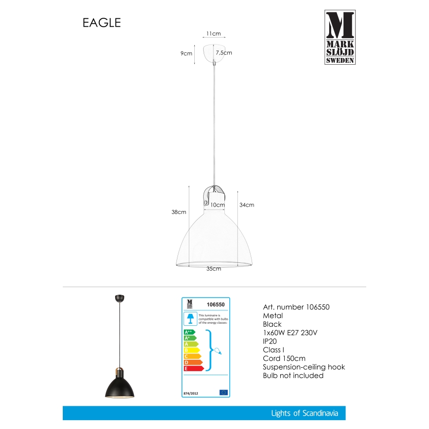 Markslöjd 106550 - Kattokruunu narulla EAGLE 1xE27/60W/230V