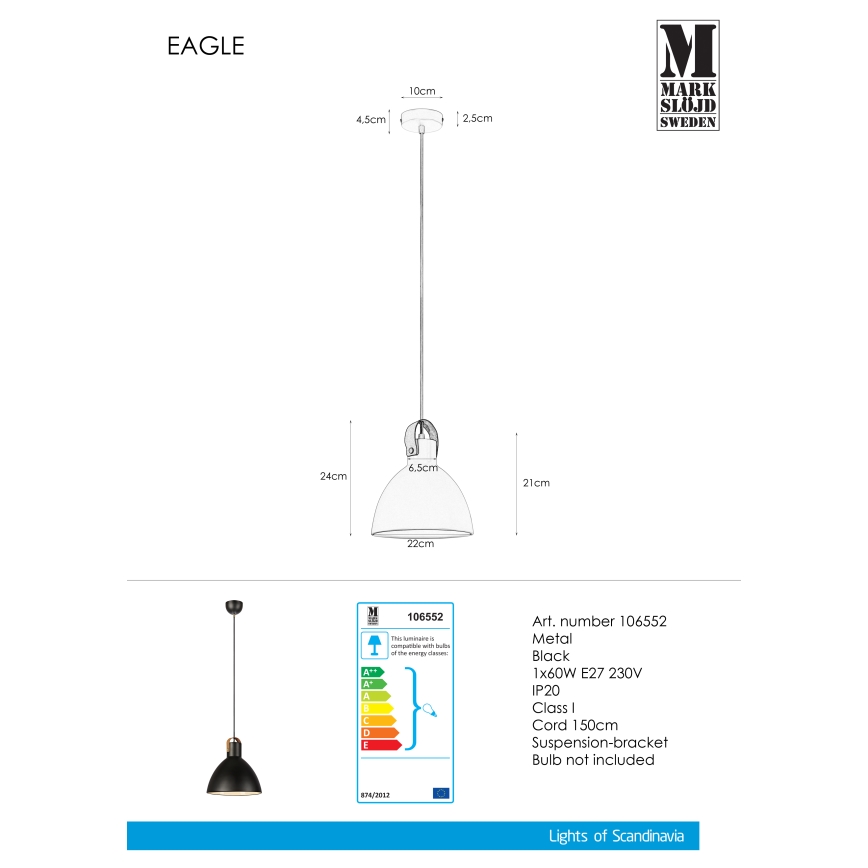 Markslöjd 106552 - Kattokruunu johdossa EAGLE 1xE27/60W/230V musta