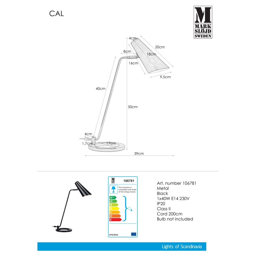 Markslöjd 106781 - Pöytävalaisin CAL 1xE14/40W/230V