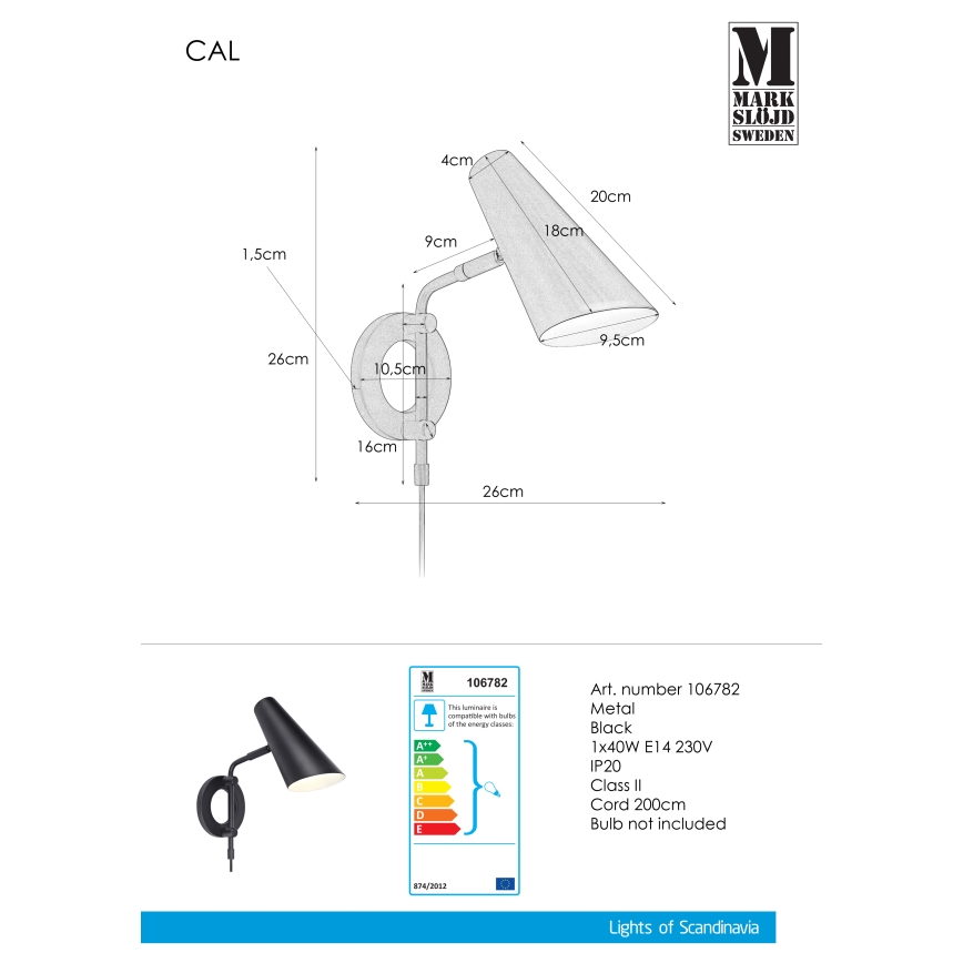 Markslöjd 106782 - Seinävalaisin CAL 1xE14/40W/230V
