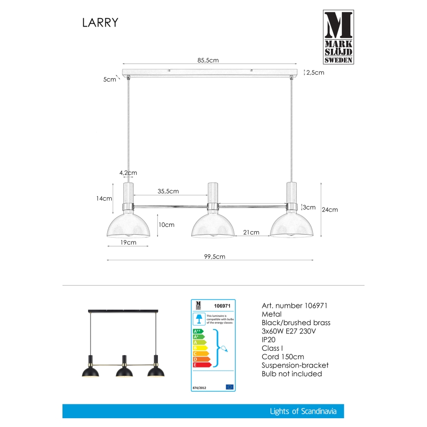 Markslöjd 106971 - Kattokruunu narulla LARRY 3xE27/60W/230V musta/kultainen