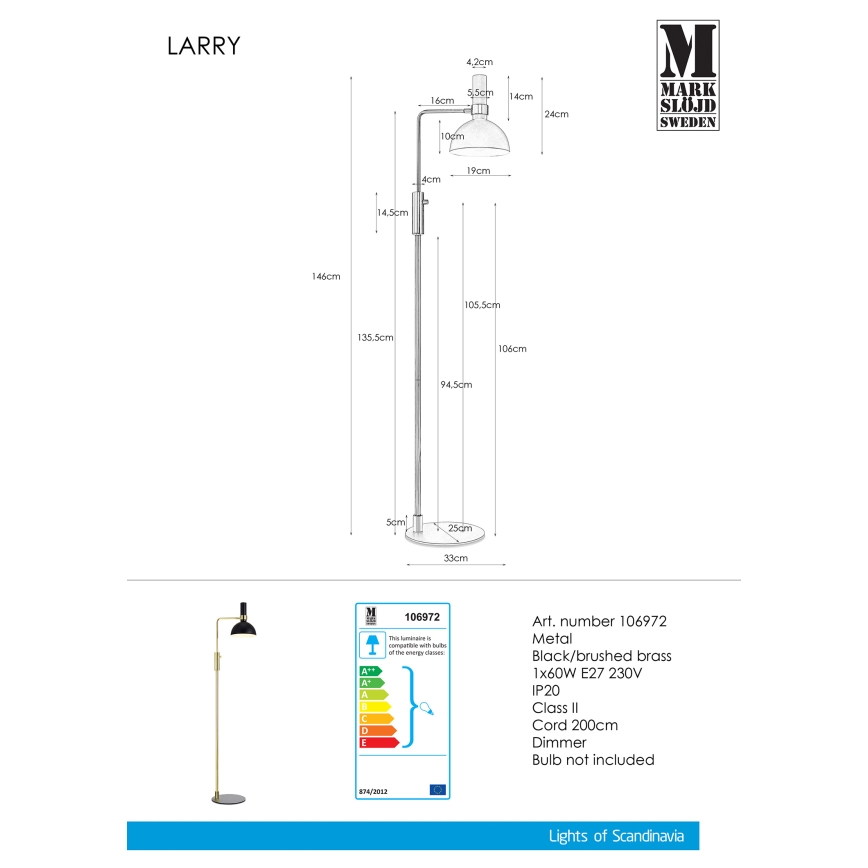 Markslöjd 106972 - Himmennettävä lattiavalaisin LARRY 1xE27/60W/230V musta/kultainen