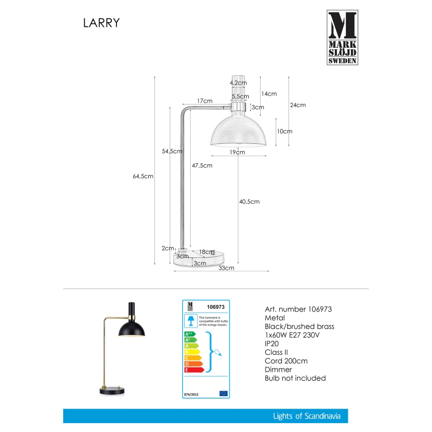 Markslöjd 106973 - Himmennettävä pöytävalaisin LARRY 1xE27/60W/230V