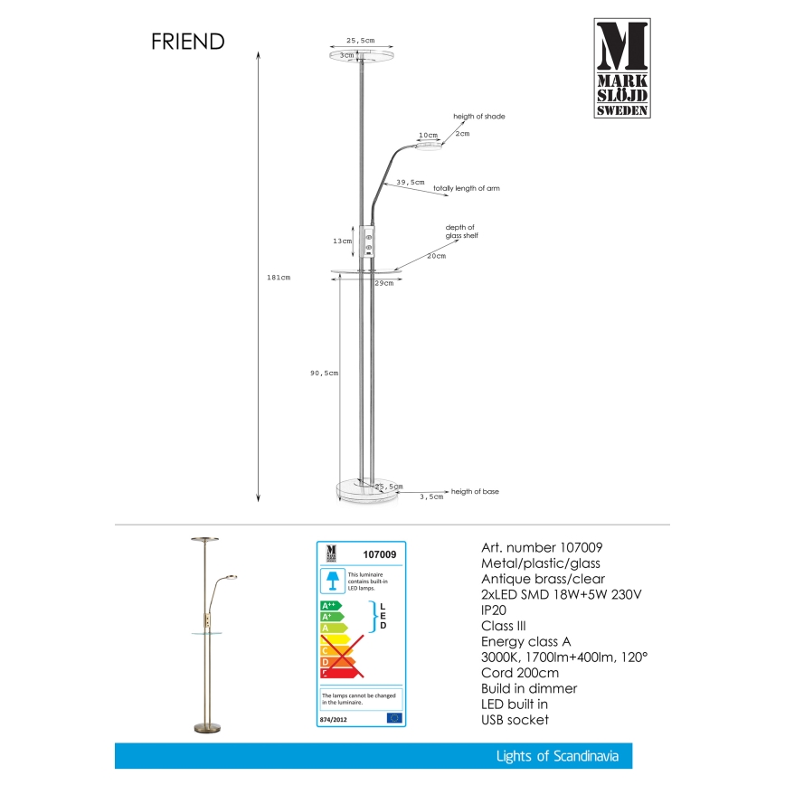 Markslöjd 107009 - Himmennettävä LED-lattiavalaisin FRIEND LED/18W/230V + LED/5W