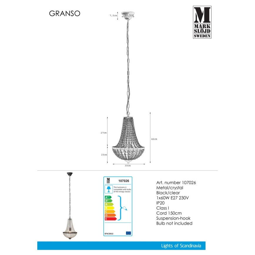 Markslöjd 107026 - Kristalli-ketjukattokruunu GRÄNSÖ 1xE27/60W/230V