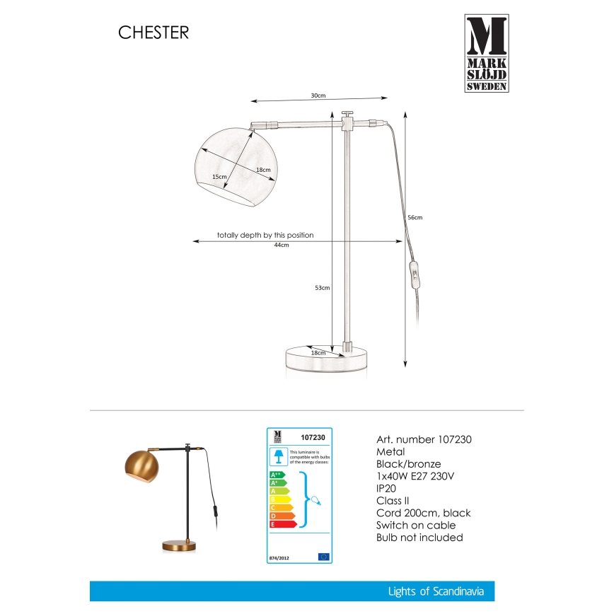 Markslöjd 107230 - Pöytävalaisin CHESTER 1xE27/40W/230V